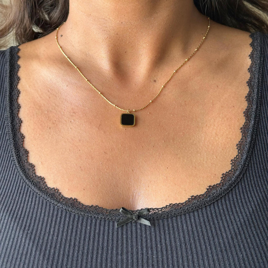 Gold Black Square Pendant Necklace