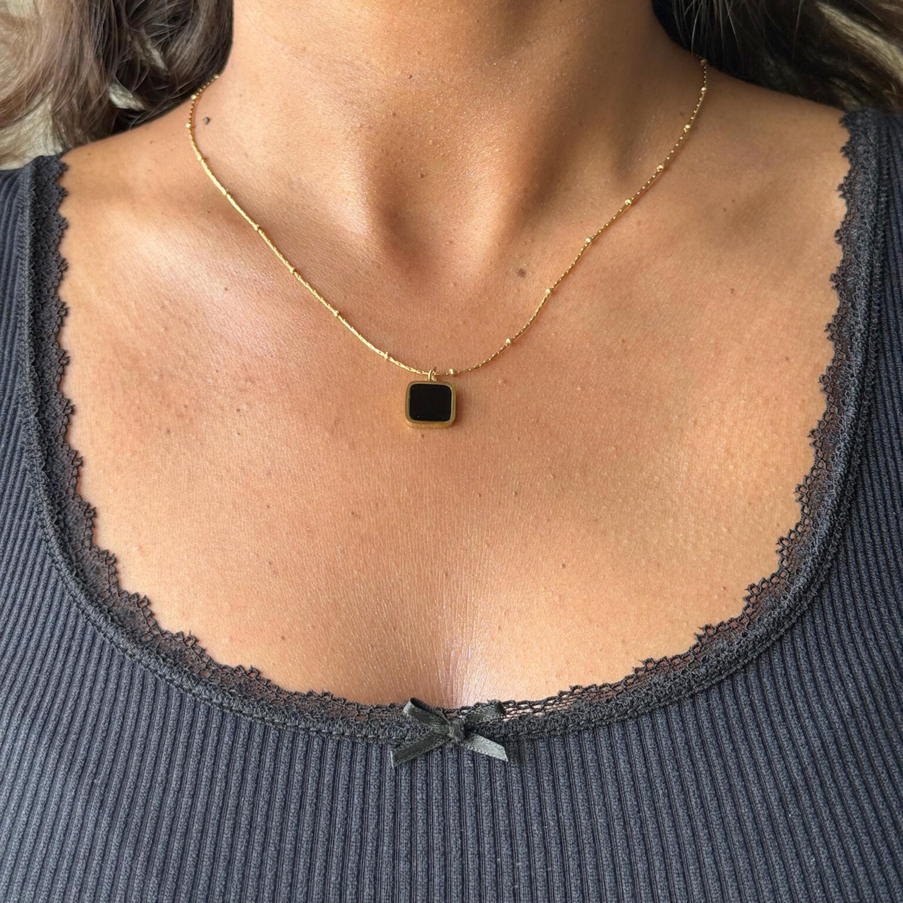 Gold Black Square Pendant Necklace