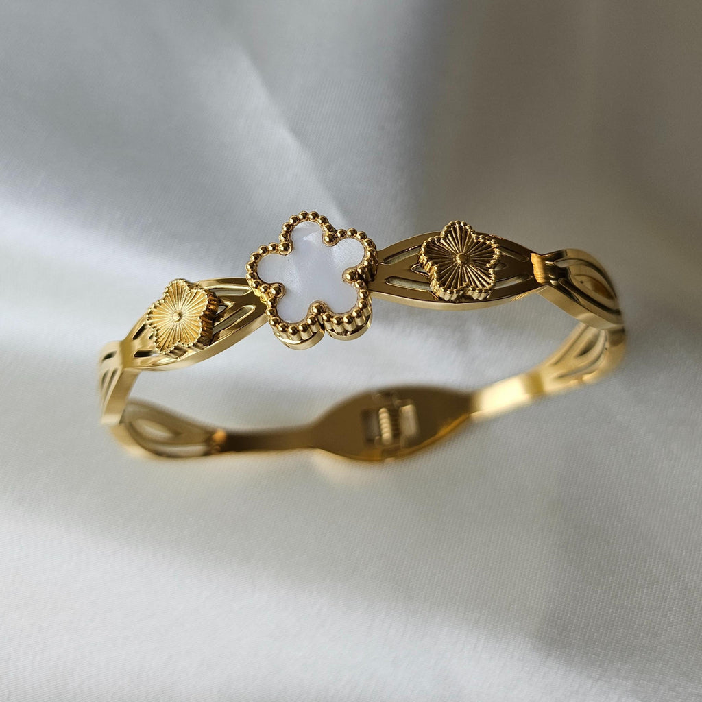 Clover Gold Bangle Bracelet – 18K Gold PVD Clover Cuff | Minimal Geometric Jewelry by FeelAmara