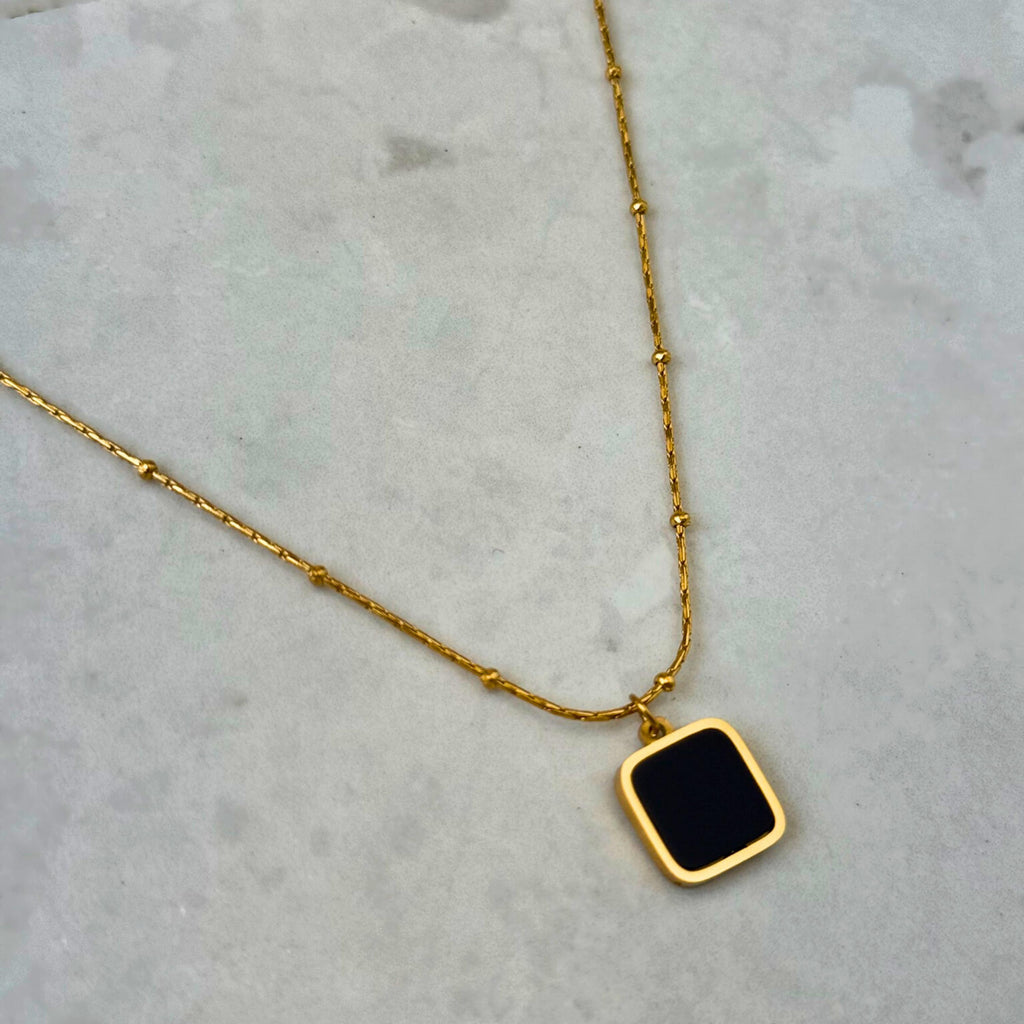 Gold Black Square Pendant Necklace