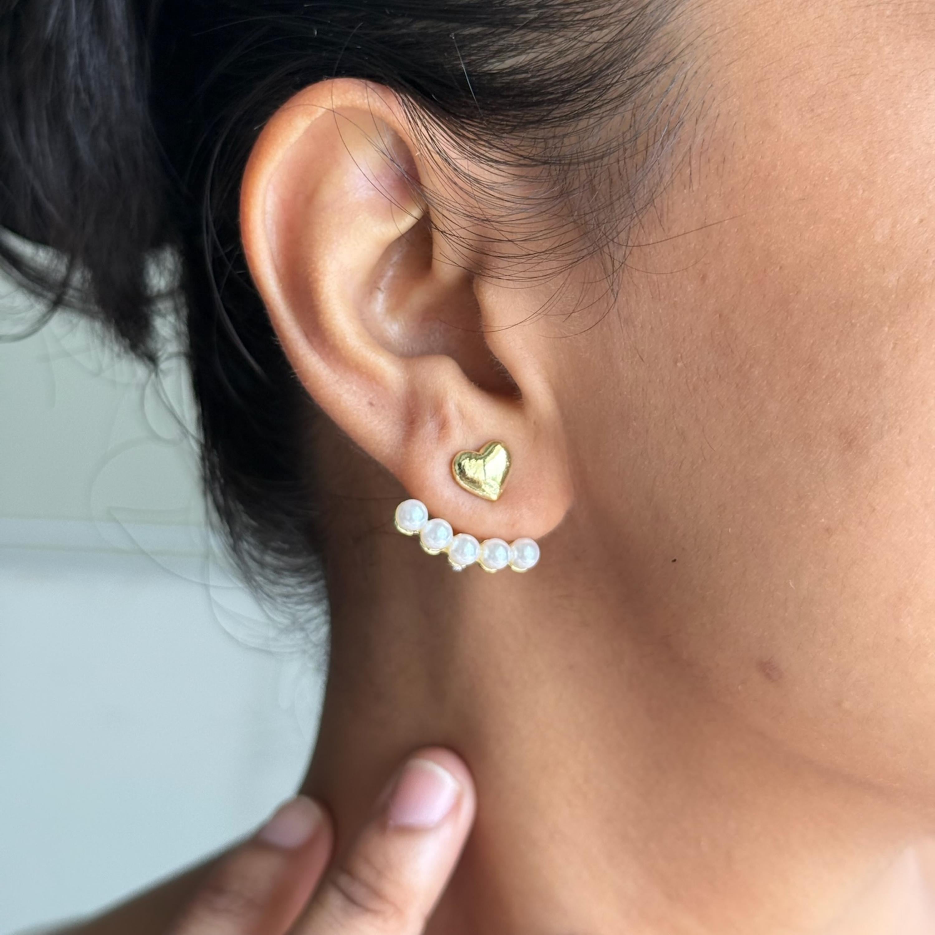 Gold Pearl Heart Ear Jacket Earrings