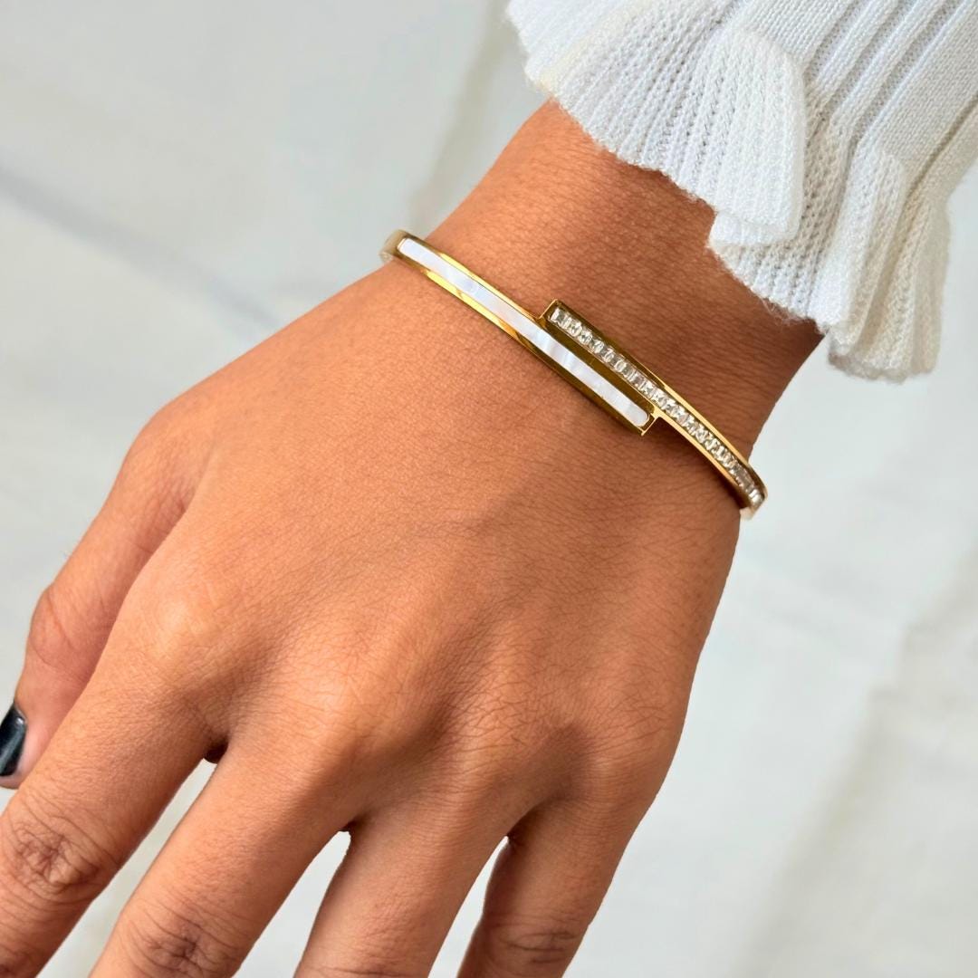 Mother of Pearl Inlay Gold Bangle Bracelet
