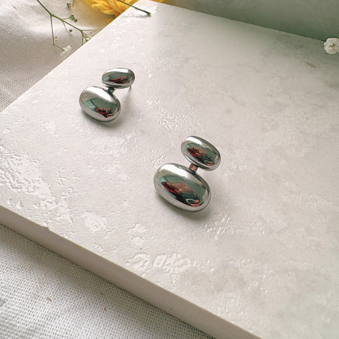 Silver Tone Pebble Stud Earrings