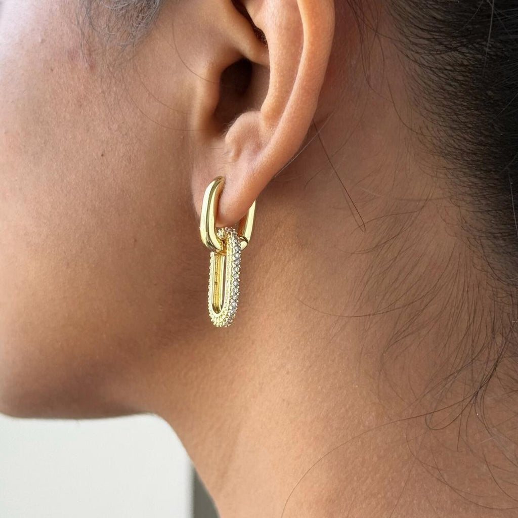 Gold Oval Drop Hoop Earrings