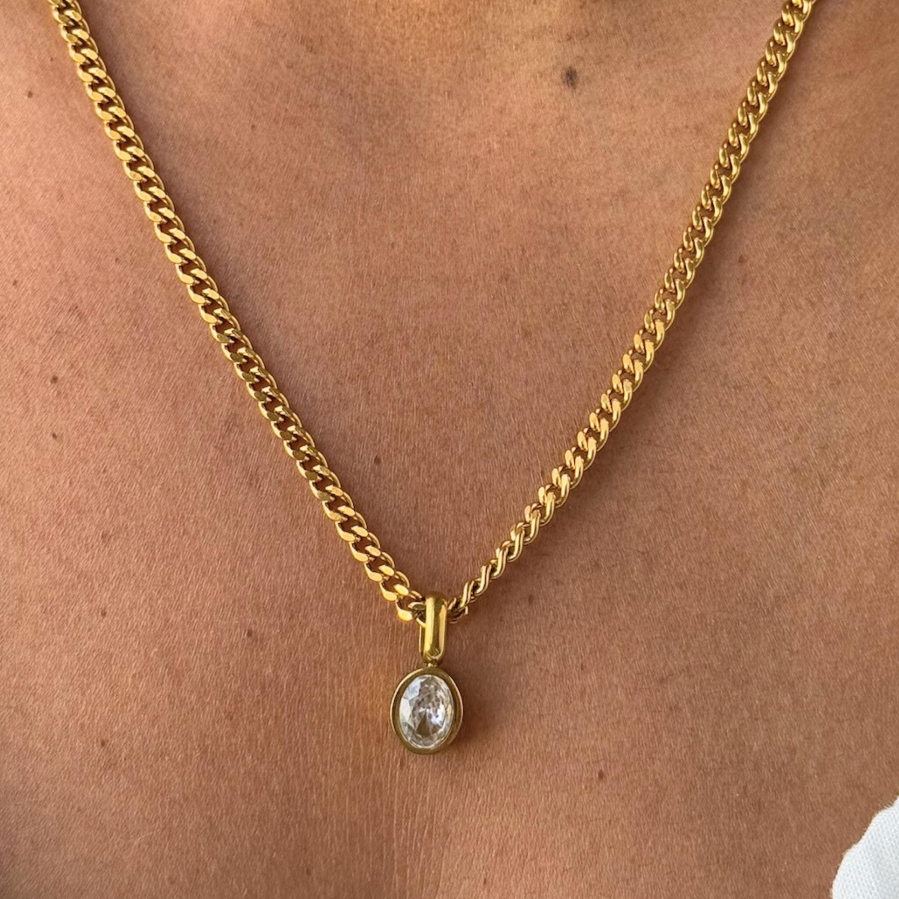 Chunky Gold Chain Crystal Pendant Necklace