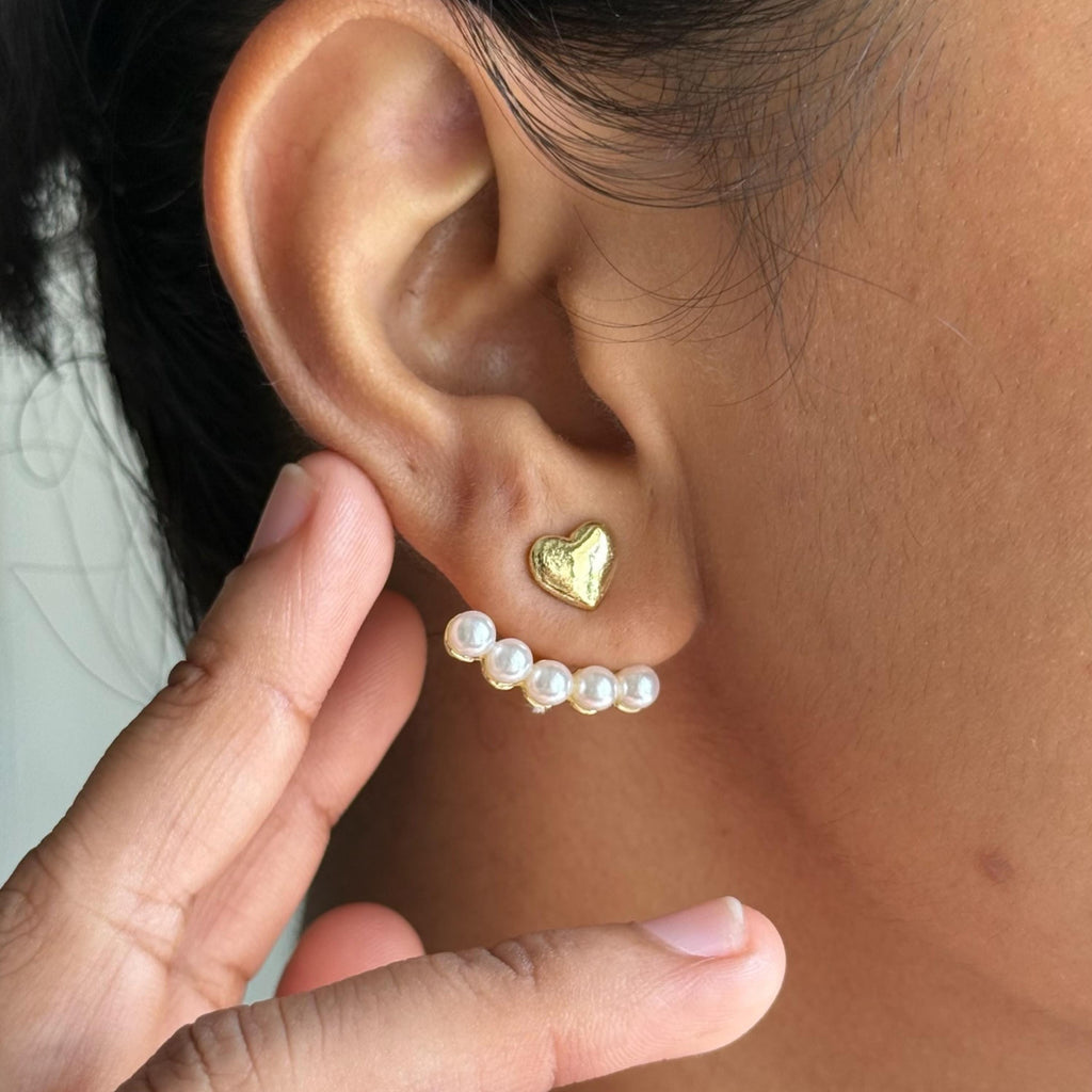Gold Pearl Heart Ear Jacket Earrings