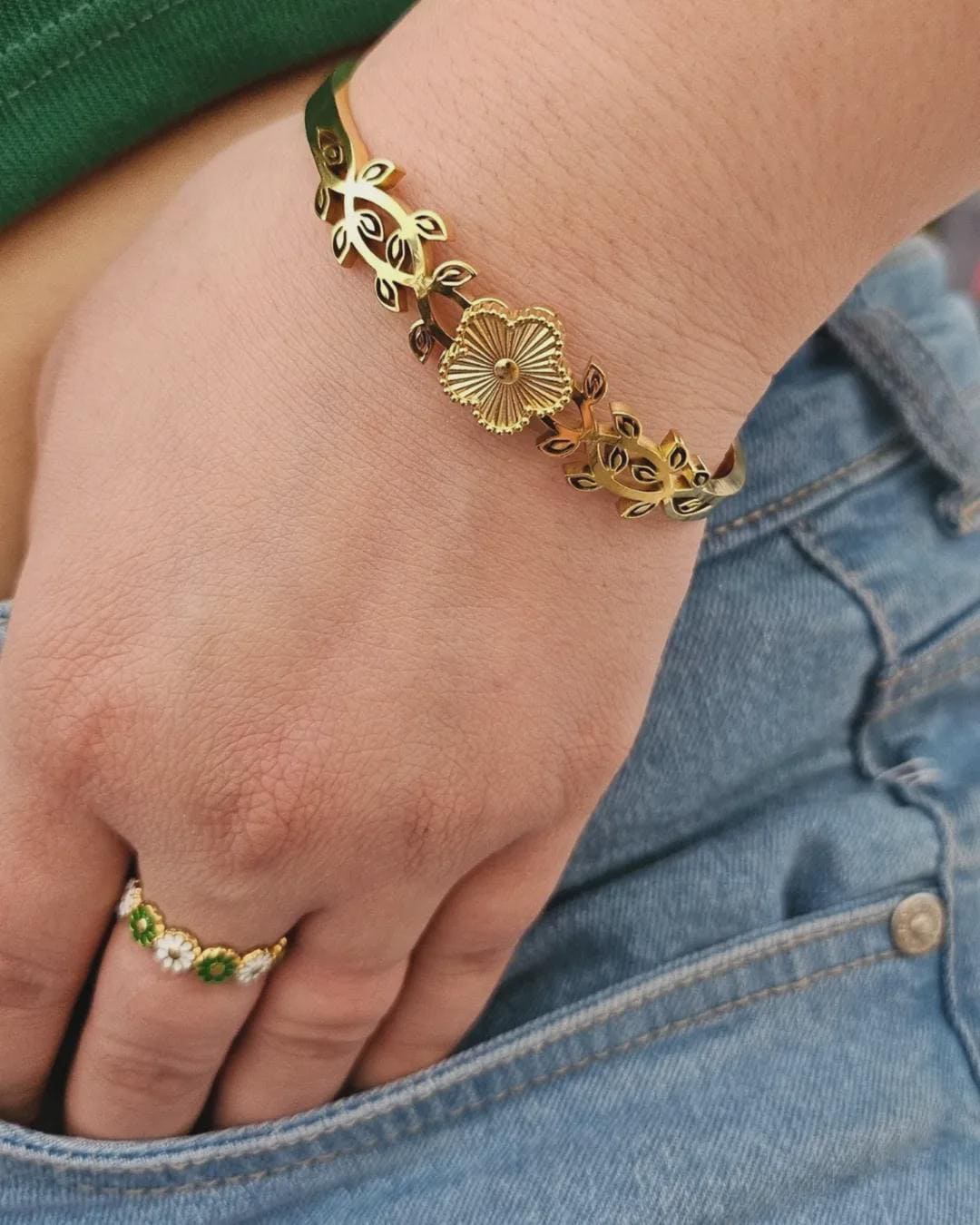 Clover Gold Bangle Bracelet – 18K Gold PVD Clover Cuff | Minimal Geometric Jewelry by FeelAmara