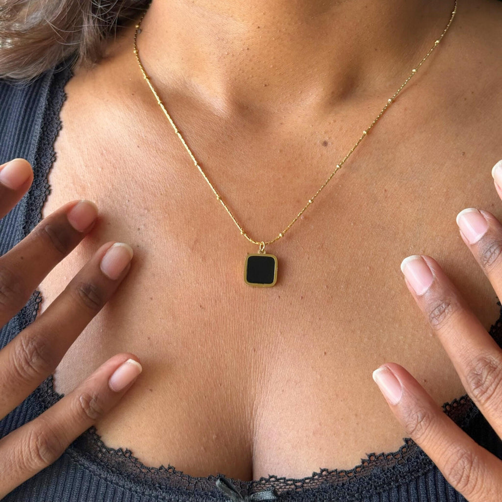 Gold Black Square Pendant Necklace