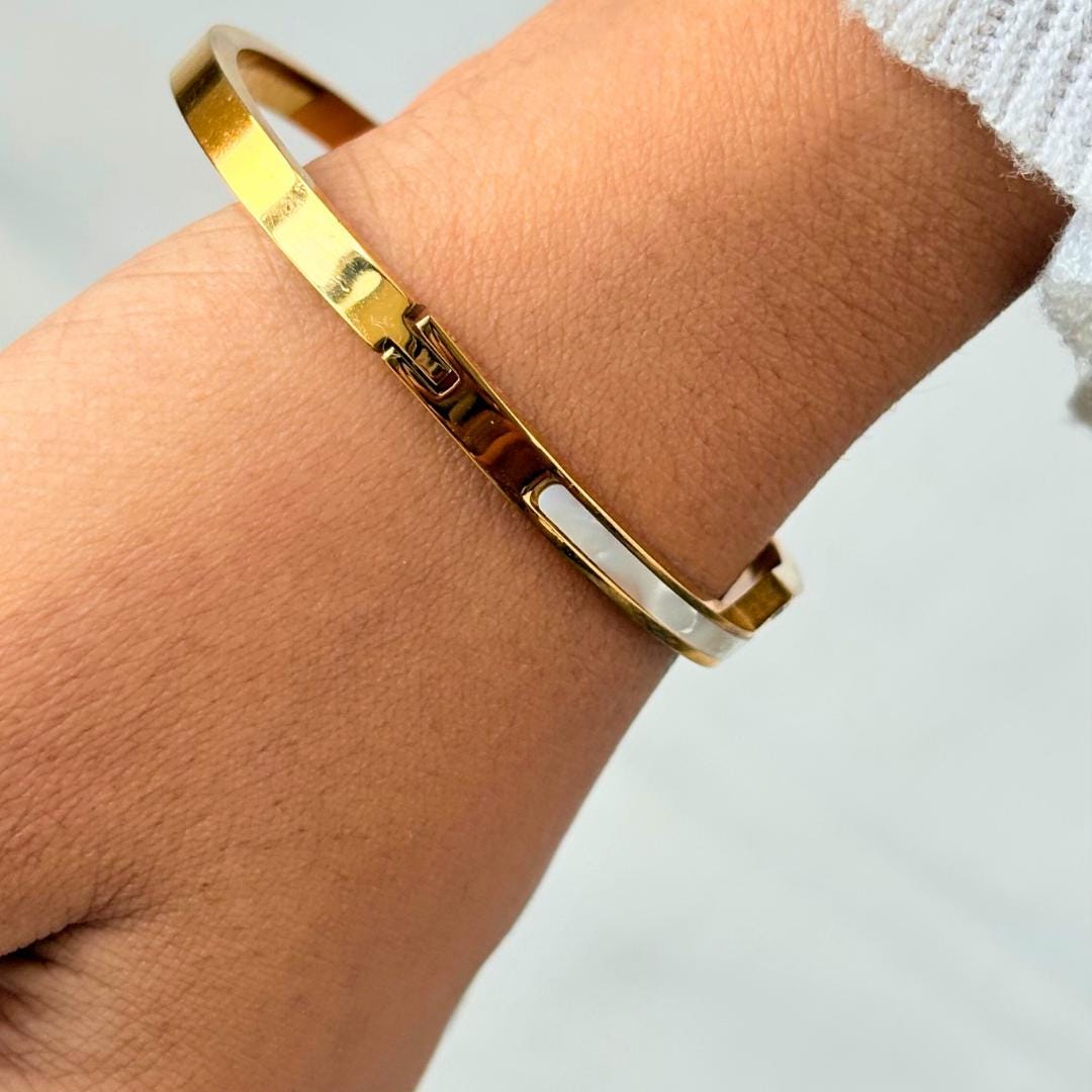 Mother of Pearl Inlay Gold Bangle Bracelet