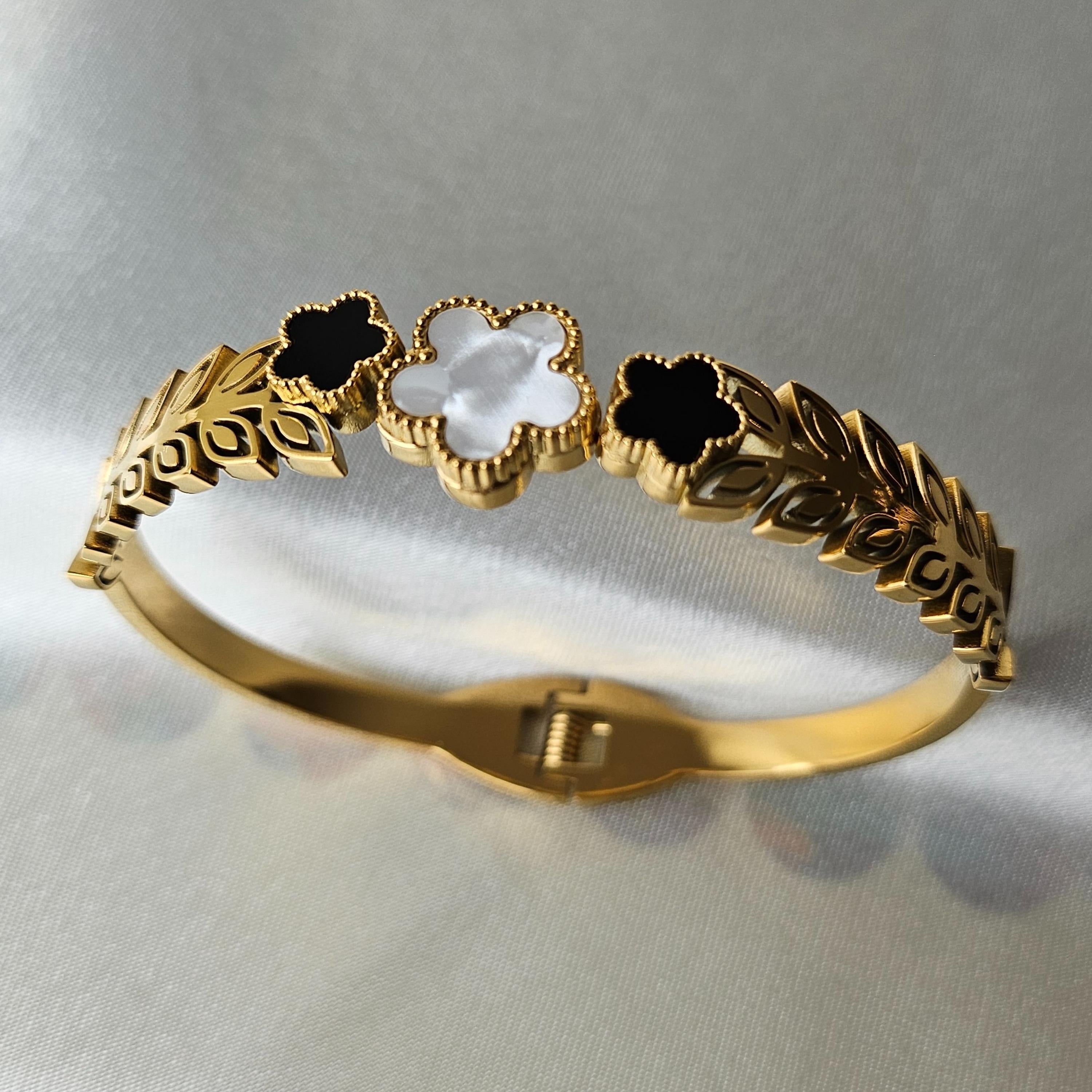 Clover Gold Bangle Bracelet – 18K Gold PVD Clover Cuff | Minimal Geometric Jewelry by FeelAmara