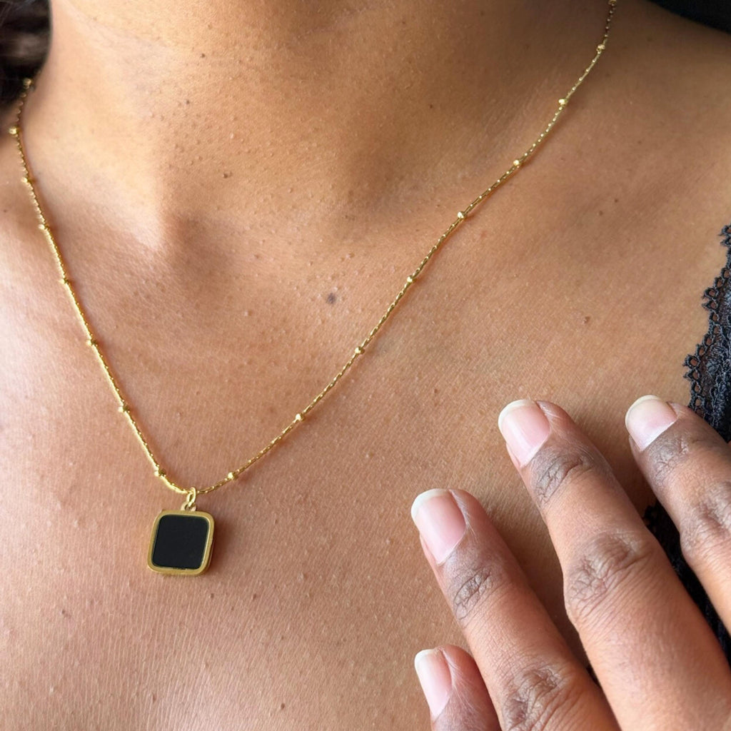 Gold Black Square Pendant Necklace