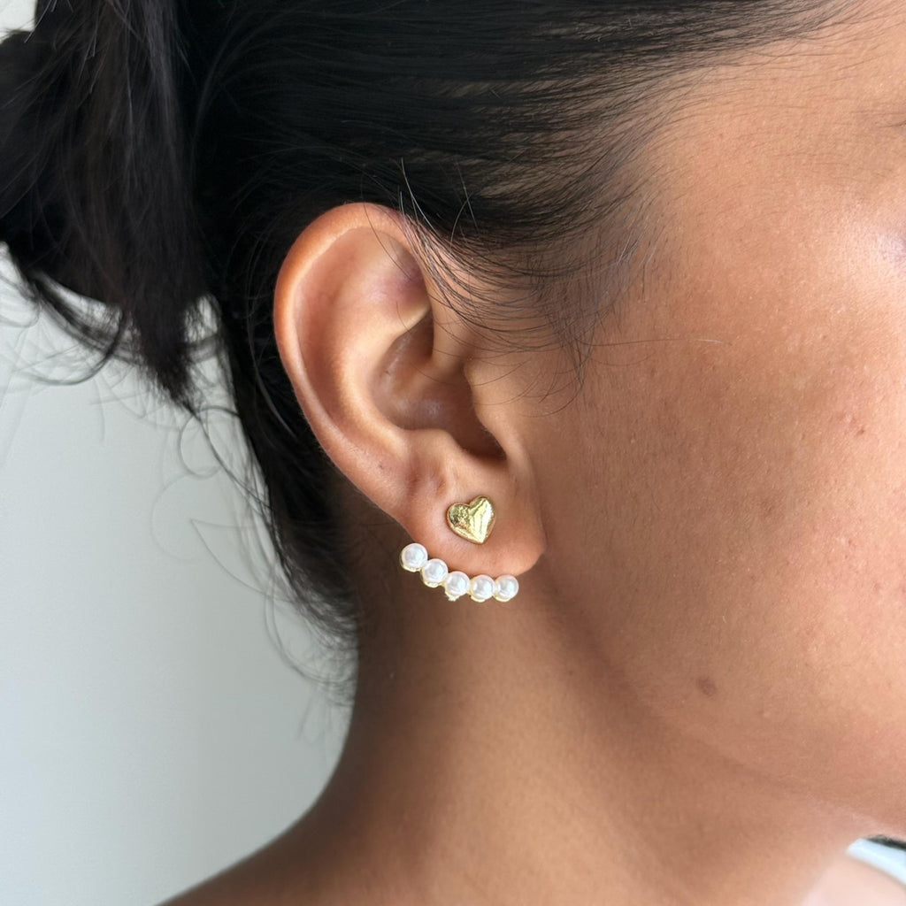 Gold Pearl Heart Ear Jacket Earrings