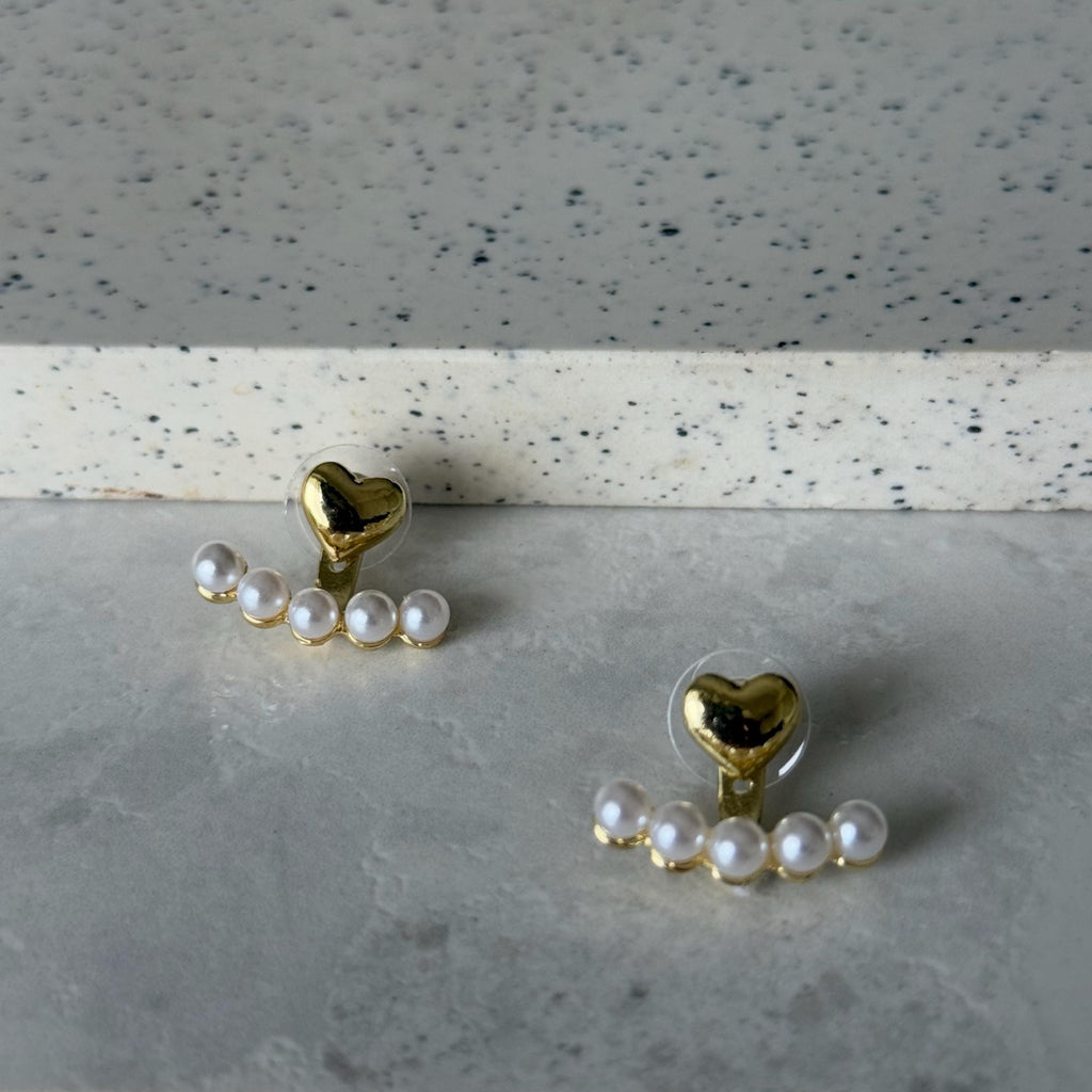 Gold Pearl Heart Ear Jacket Earrings