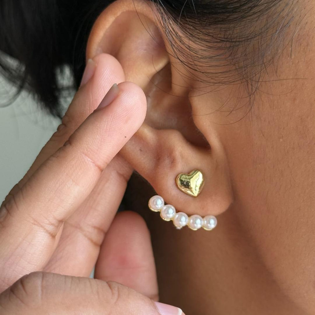 Gold Pearl Heart Ear Jacket Earrings