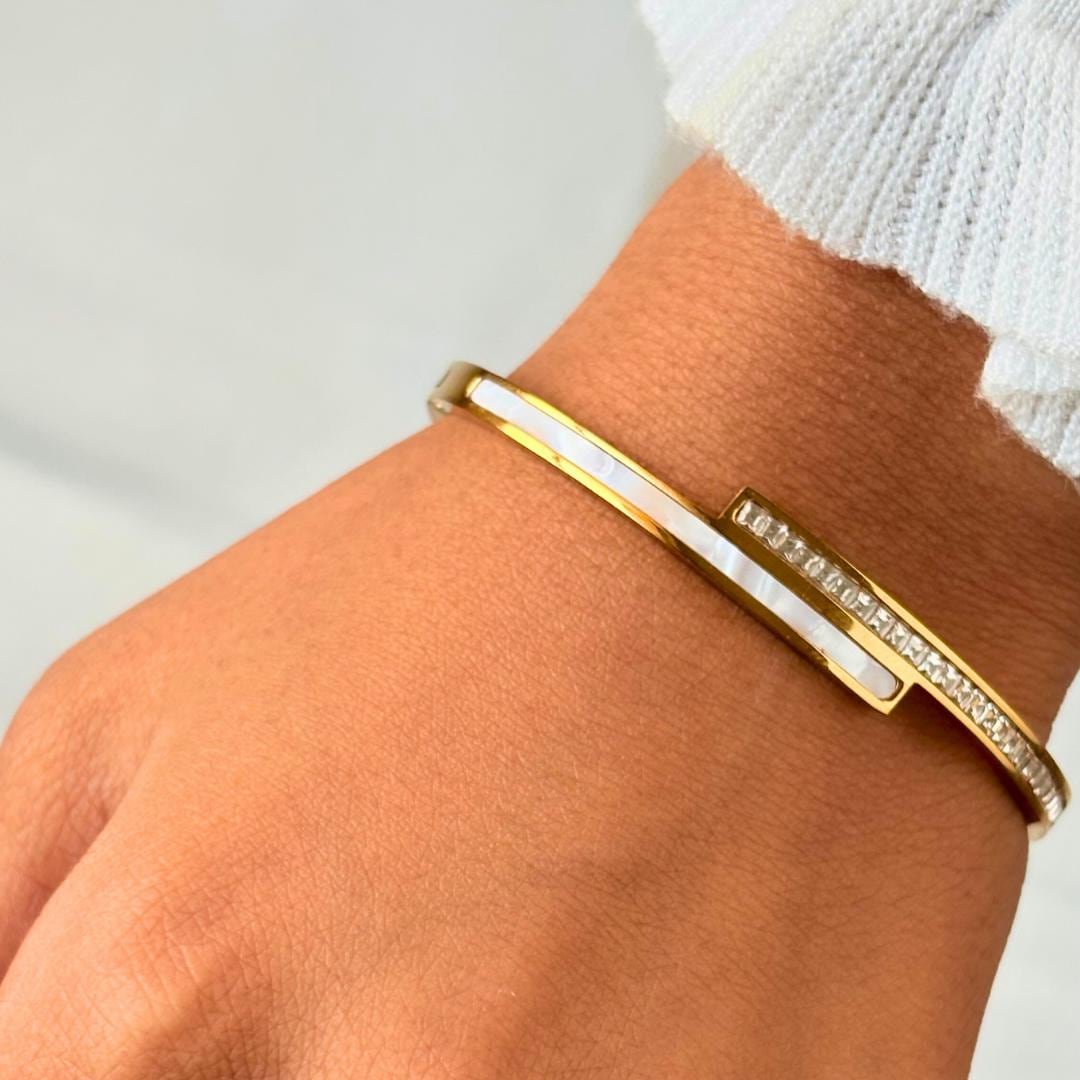 Mother of Pearl Inlay Gold Bangle Bracelet