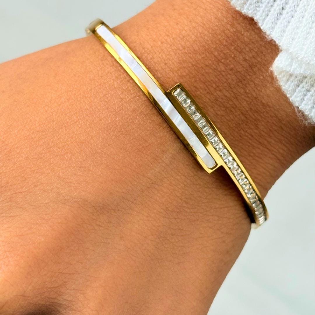 Mother of Pearl Inlay Gold Bangle Bracelet