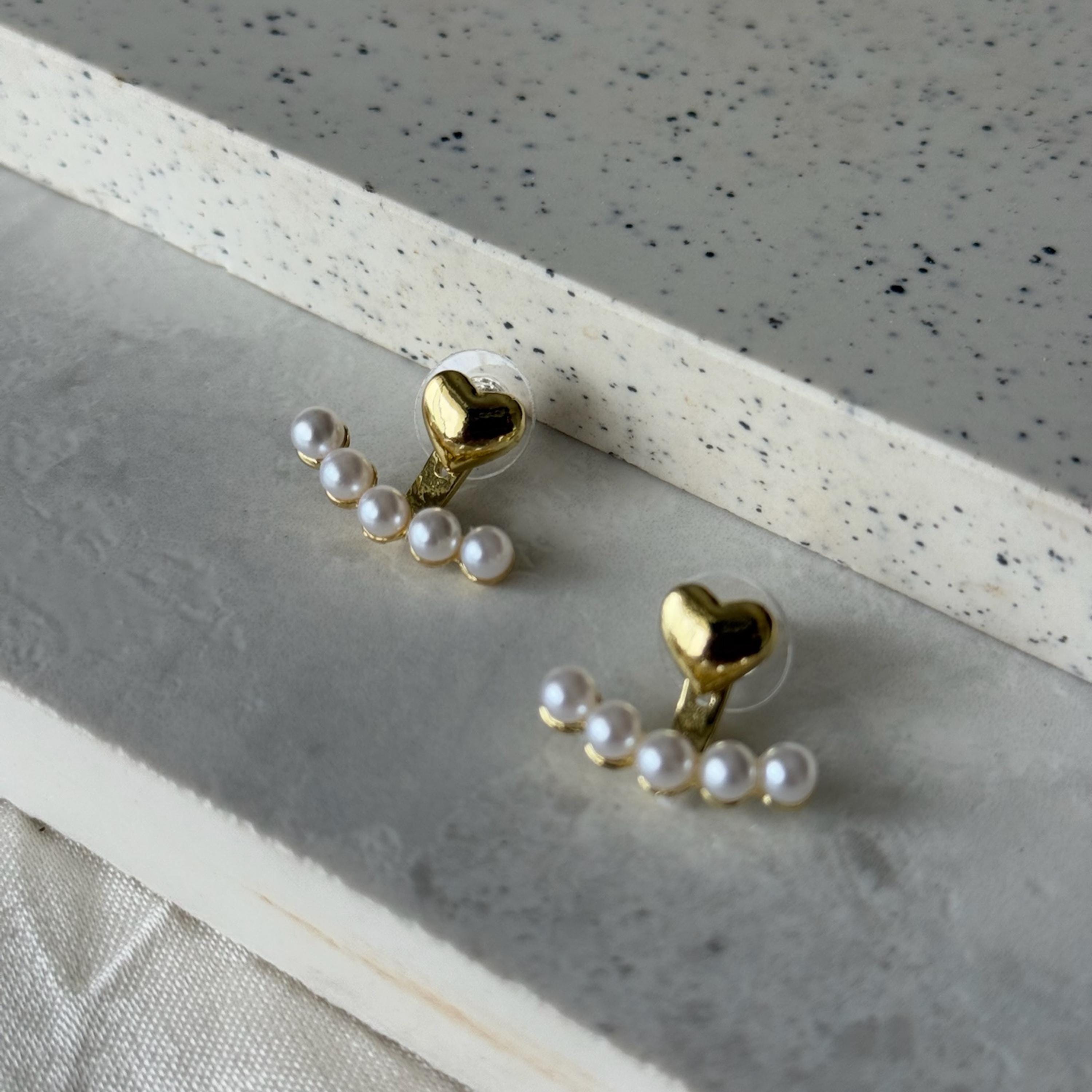 Gold Pearl Heart Ear Jacket Earrings