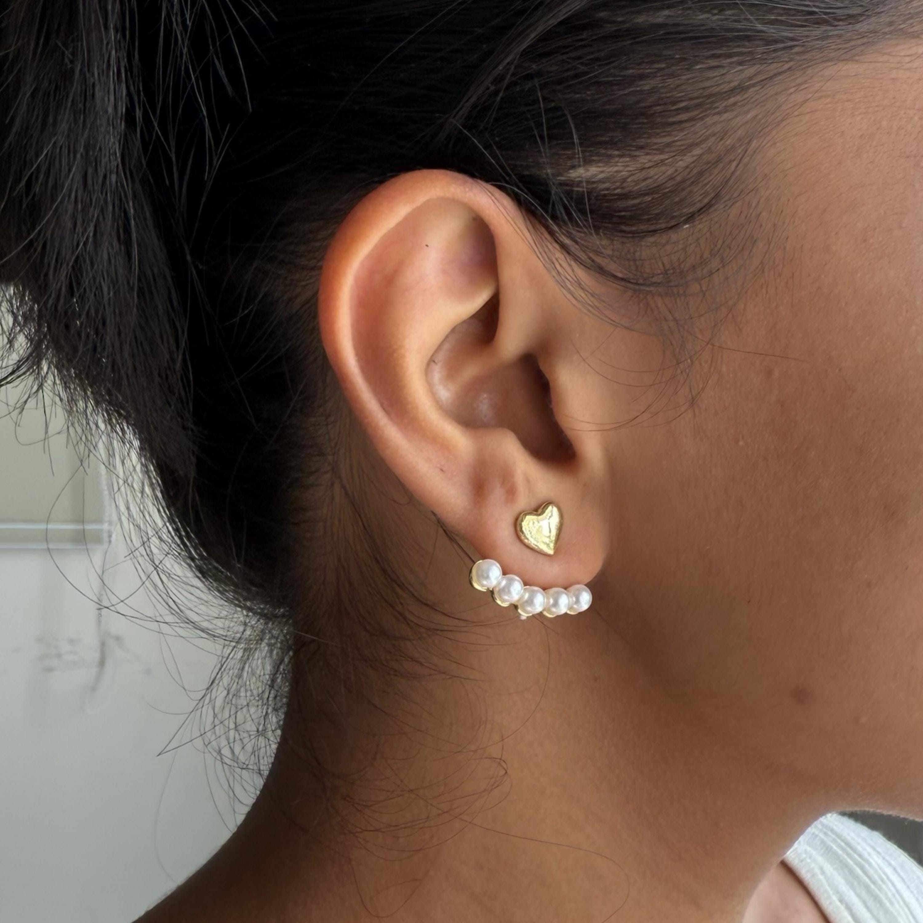Gold Pearl Heart Ear Jacket Earrings