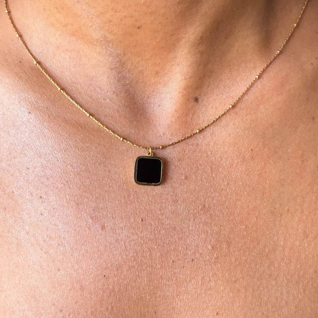 Gold Black Square Pendant Necklace