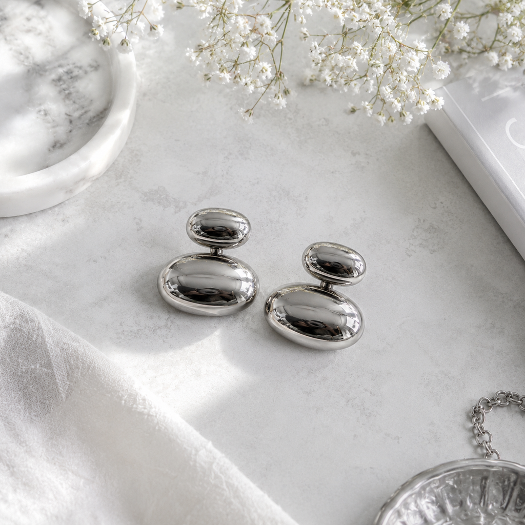 Silver Tone Pebble Stud Earrings