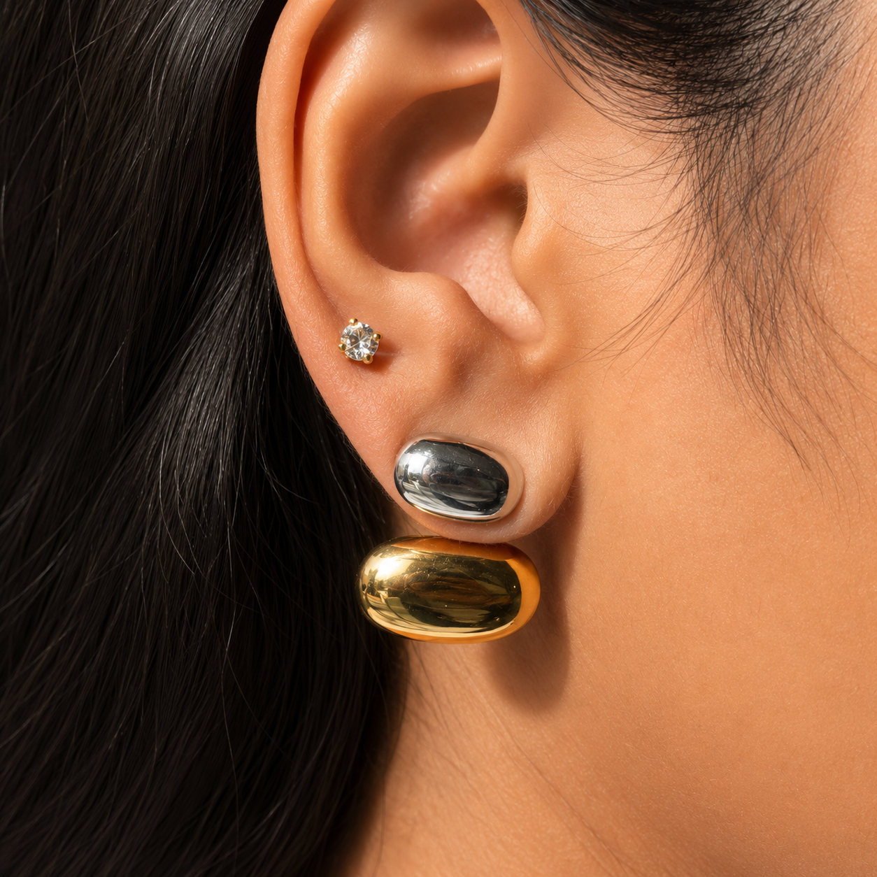 Dual Tone Pebble Stud Earrings